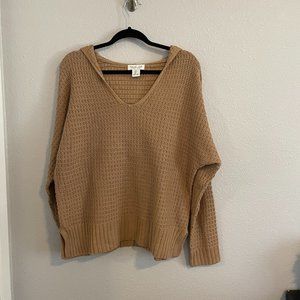 RACHEL ZOE Hooded V Neck Knit Sweater LARGE - Brown/Khaki/dark camel